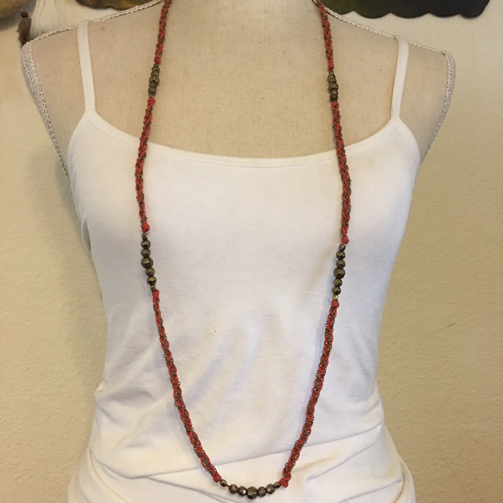 Coral tone braided cord and chain necklace